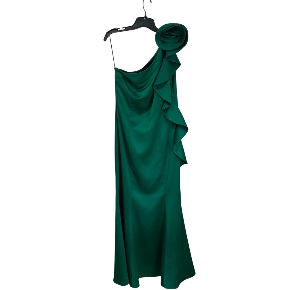 Mango One Shoulder Ruffle‎ Maxi Dress 8 Dark Green Rose Detail Formal Chic